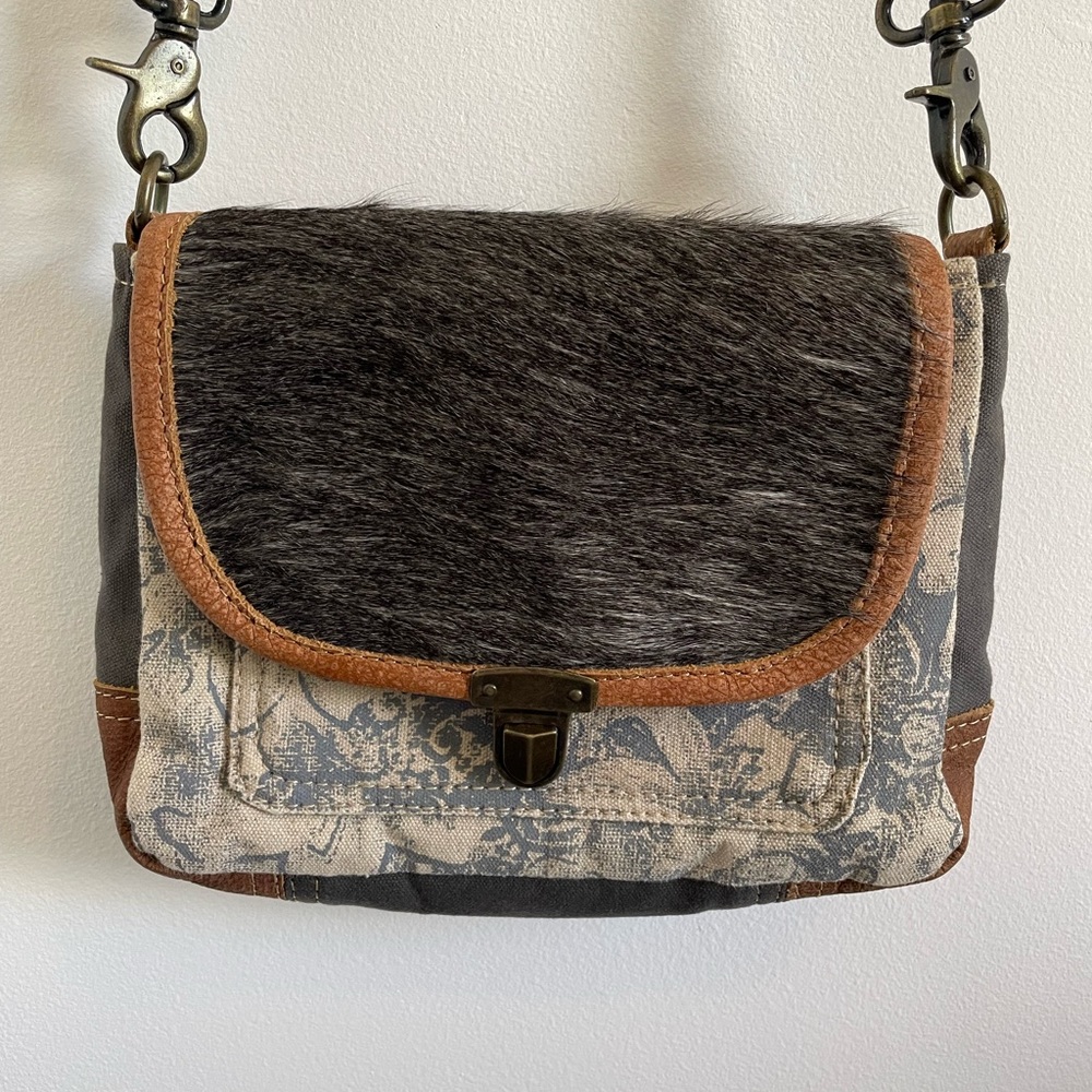 Myra Bag Crossbody Cowhide Purse Gray Brown Southern Cowgirl Renaissance Canvas